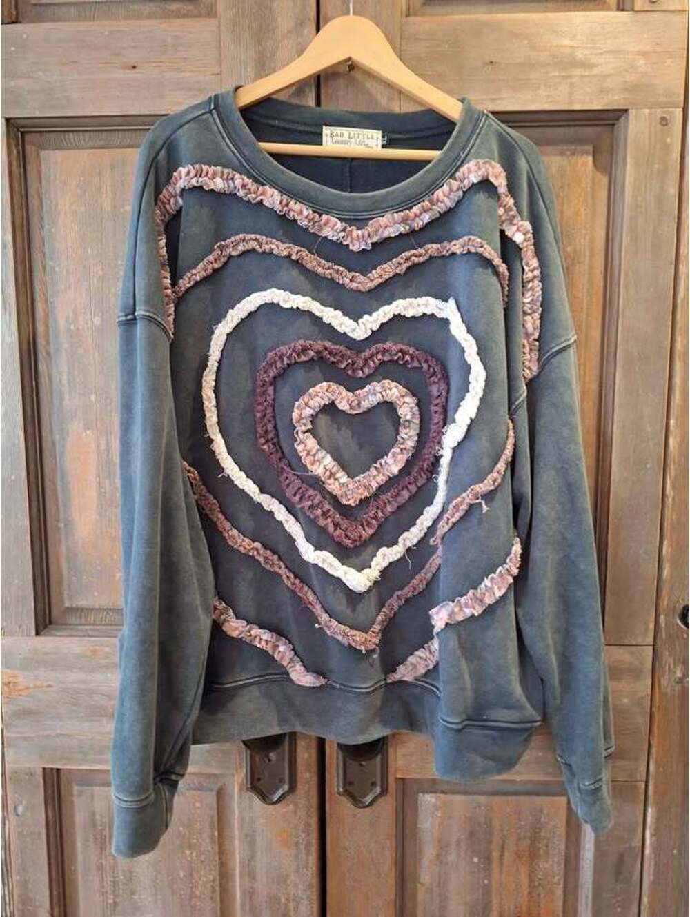 Country boho sweater, XL, patchwork hearts, or any size, oversized.